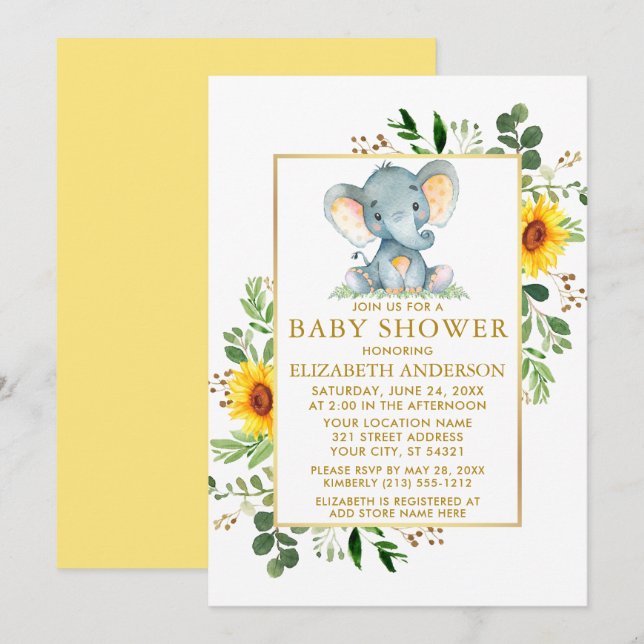 Invitación Sunflowers Greenery Elephant Baby Shower Gold (Anverso / Reverso)
