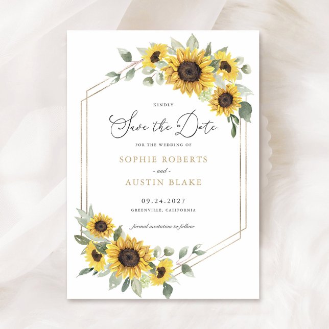 Invitación Sunflowers Greenery Geometric Gold Save the Date (Subido por el creador)