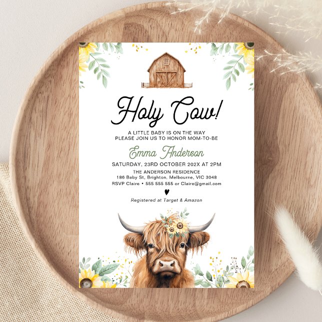 Invitación Sunflowers Highland Cow Holy Cow Baby Shower (Holy Cow Baby Shower Invitation, Gender Neutral Baby Shower Invite, Highland Cow, Yellow Sunflowers )