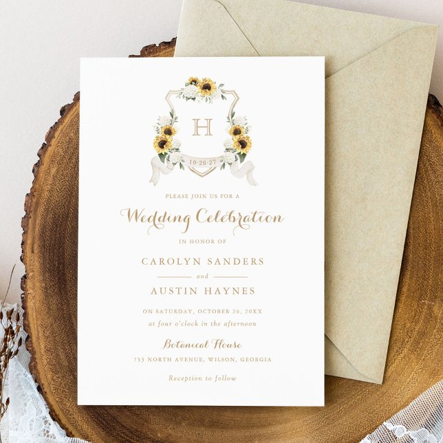 Invitación Sunflowers Hydrangea Escudo Monograma Boda (Subido por el creador)