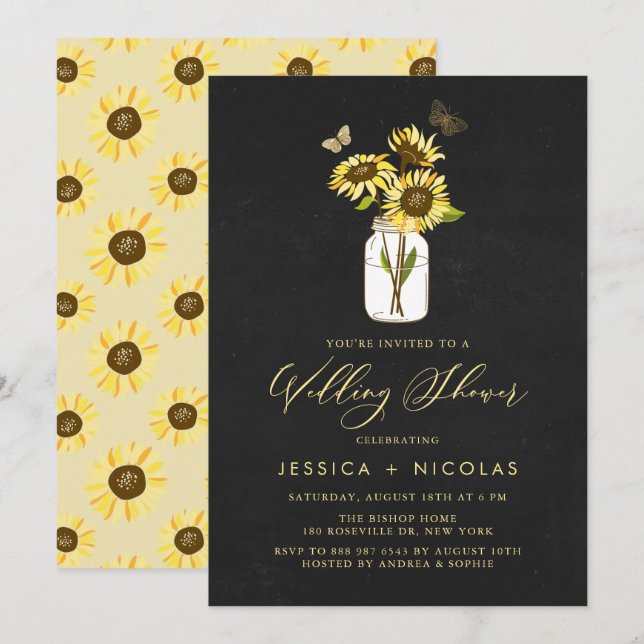 Invitación Sunflowers in Mason Jar Chalkboard Wedding Shower (Anverso / Reverso)
