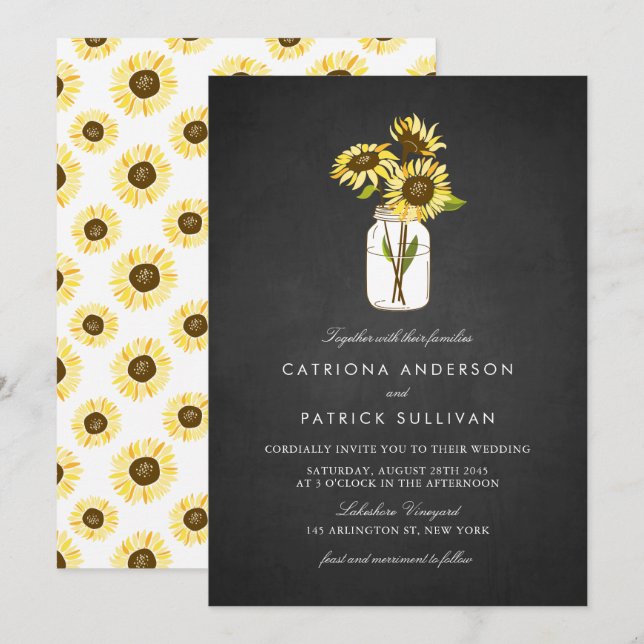 Invitación Sunflowers in Mason Jar Rustic Chalkboard Boda (Anverso / Reverso)