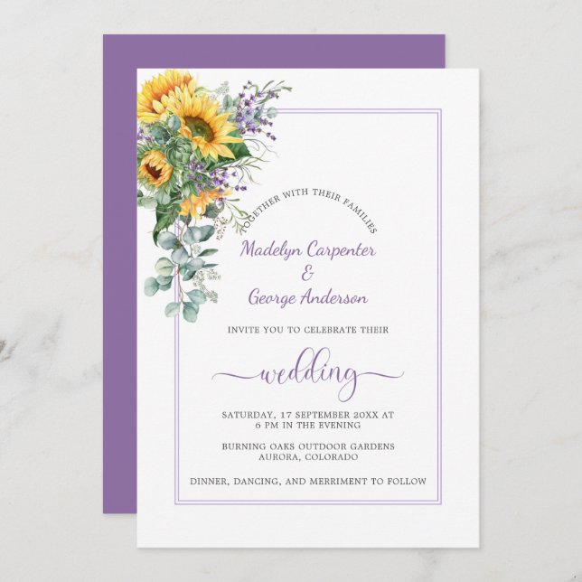 Invitación Sunflowers Lavender Eucalyptus Greenery Boda (Anverso / Reverso)