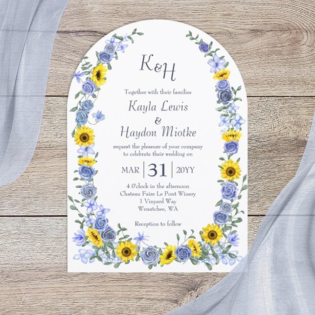 Invitación Sunflowers & Light Blue Rosa Garden Wedding Arches (arched dusty blue roses and yellow sunflowers wedding invitations, blue monogram, elegant script)