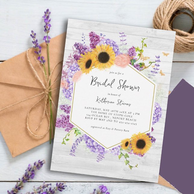 Invitación Sunflowers Lilac Hexagon Rústica Wood Bridal Showe (rustic bridal shower invitation sunflowers lilac hydrangea butterflies hexagon wood board country)