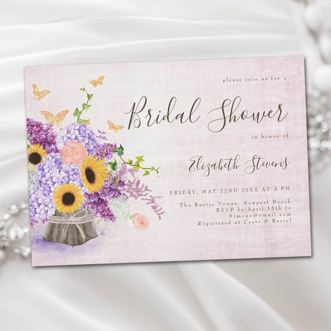 Invitación Sunflowers Lilac Hydrangea Wood Moda Bridal Shower (rustic sunflowers wood lilac hydrangea floral bridal shower invitation garden barn farm elegant chic)
