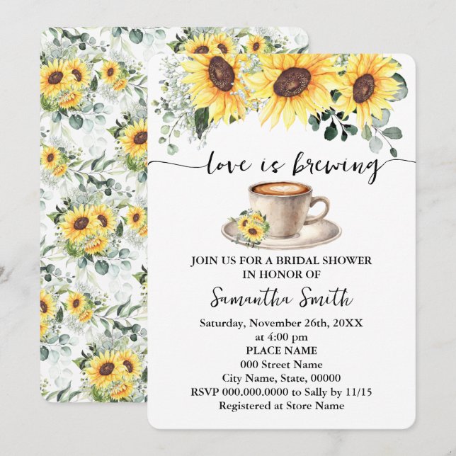 Invitación Sunflowers Love is Brewing Shower Coffbar Fiesta (Anverso / Reverso)