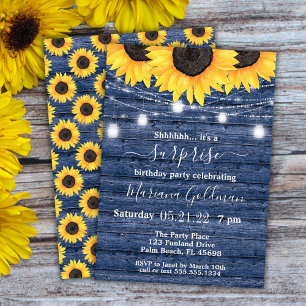 Invitación Sunflowers Luces Blue Surprise Birday Party