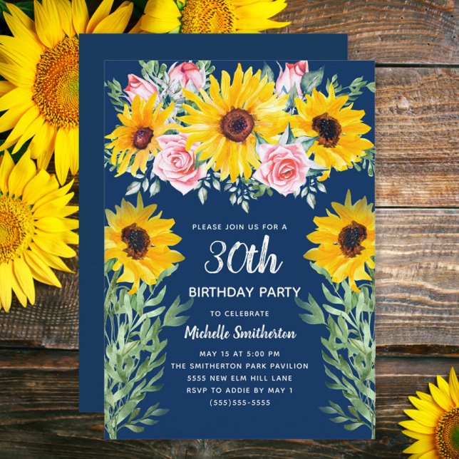 Invitación Sunflowers Marina Rosa Azul 30 cumpleaños (Sunflowers and pink roses on navy blue 30th birthday invitation)