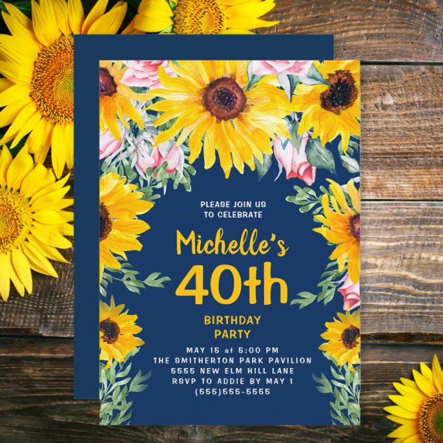 Invitación Sunflowers Marina Rosa Azul 40 cumpleaños (Sunflowers and pink roses on navy blue 40th birthday party invitation)