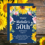 Invitación Sunflowers Marina Rosa Azul 50 cumpleaños<br><div class="desc">girasoles amarillos de colores brillantes y rosas rosas rosas rosadas en la invitación a la fiesta de 50 años de las mujeres de azul marino. El texto es personalizable para cualquier edad. Esto sería bueno para un picnic de cumpleaños o un fiesta de patio trasero. Contáctame si puedo ayudarle con...</div>