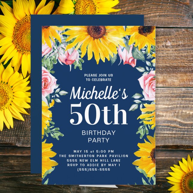 Invitación Sunflowers Marina Rosa Azul 50 cumpleaños (Sunflowers and pink roses on navy blue 50th birthday party invitation)