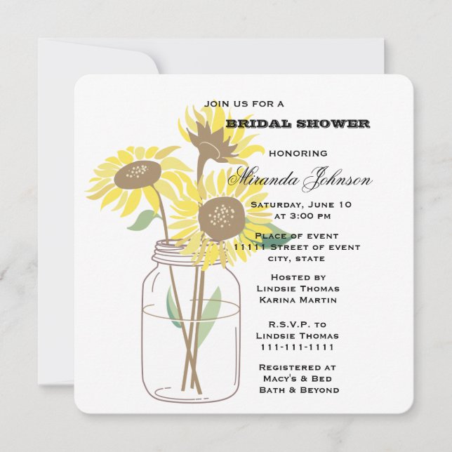 Invitación Sunflowers Mason Jar Bridal Shower (Anverso)