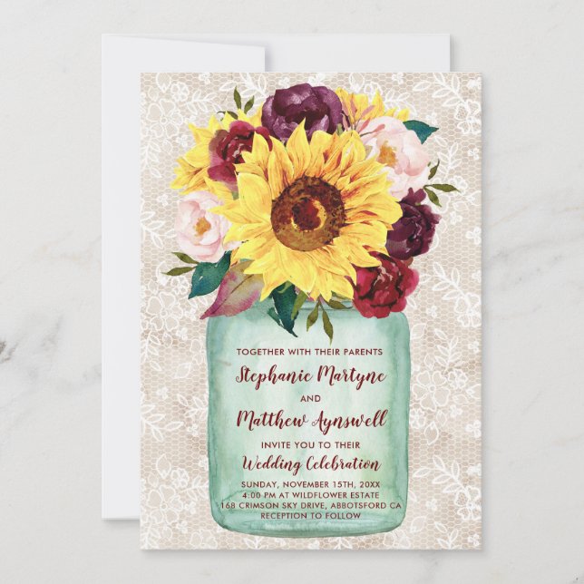 Invitación Sunflowers Mason Jar Burgundy Floral Lace Boda (Anverso)