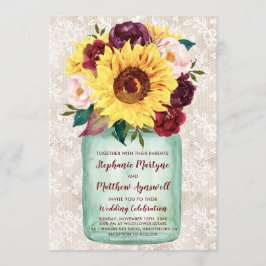 Invitación Sunflowers Mason Jar Burgundy Floral Lace Boda