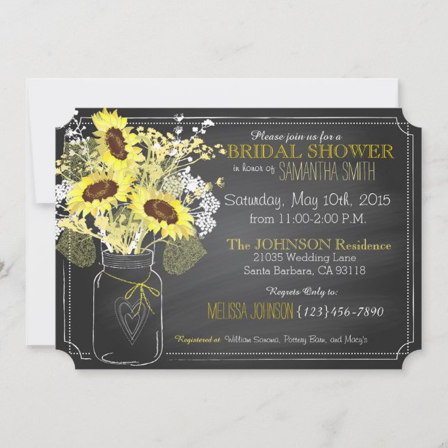 Invitación Sunflowers Mason Jar Chalkboard Bridal Shower (Anverso)