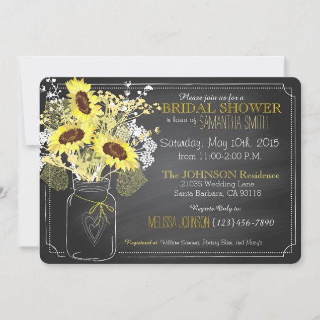 Invitación Sunflowers Mason Jar Chalkboard Bridal Shower (Anverso)