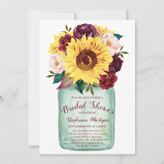 Invitación Sunflowers Mason Jar Rosas Floral Bridal Shower (Anverso)