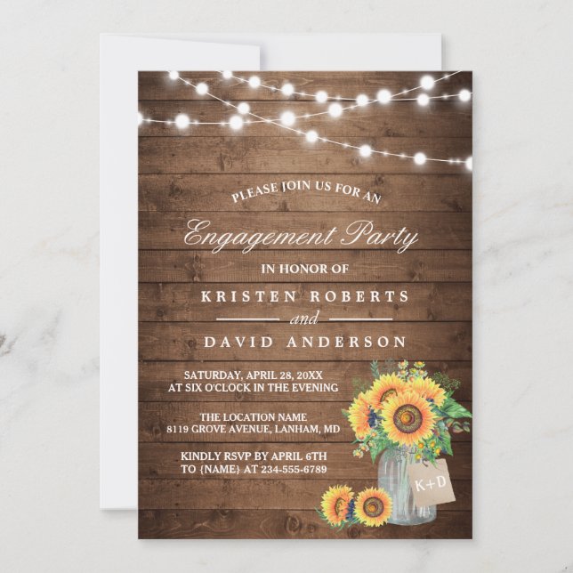 Invitación Sunflowers Mason Jar Rustic Wood Engagement Party (Anverso)