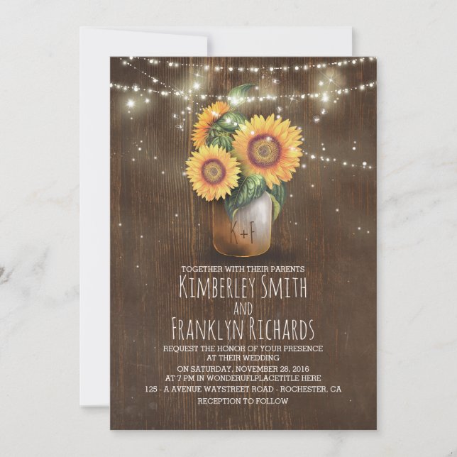 Invitación Sunflowers Mason Jar String Luces Fall Wedding (Anverso)