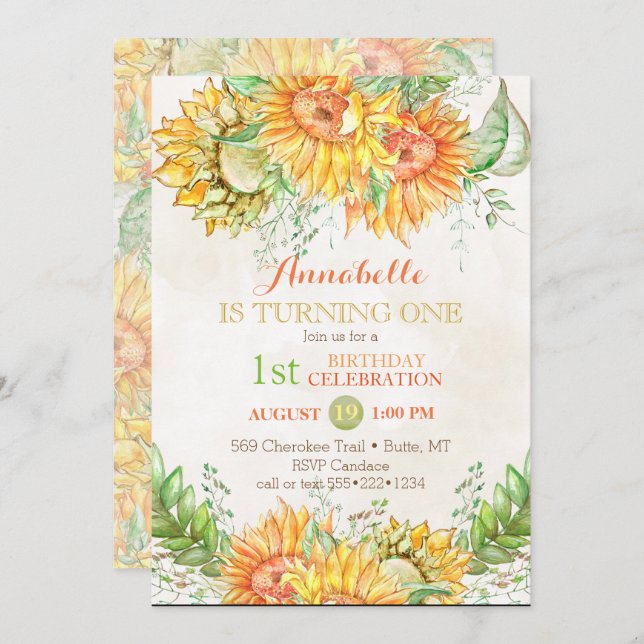Invitación Sunflowers Naranja brillante Amarillo Verde (Anverso / Reverso)