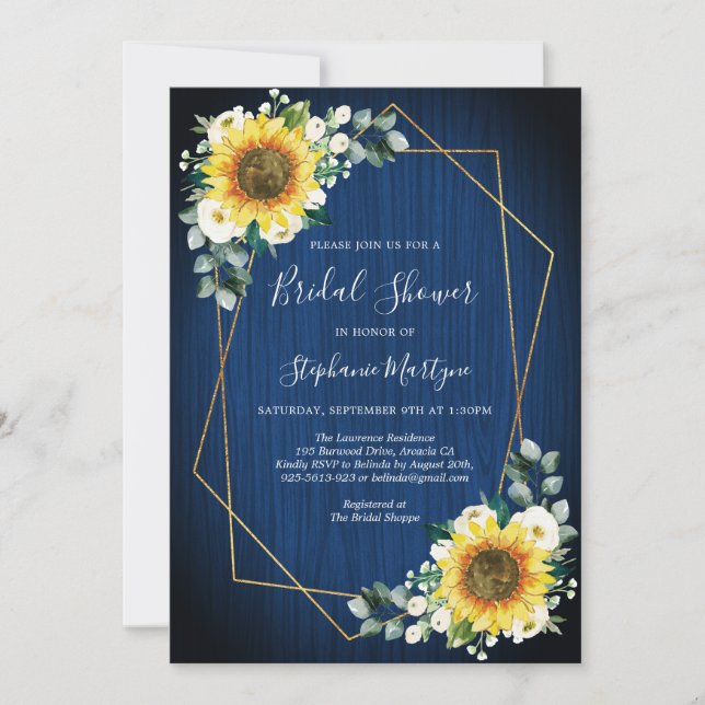 Invitación Sunflowers Navy Blue Geometric Bridal Shower (Anverso)