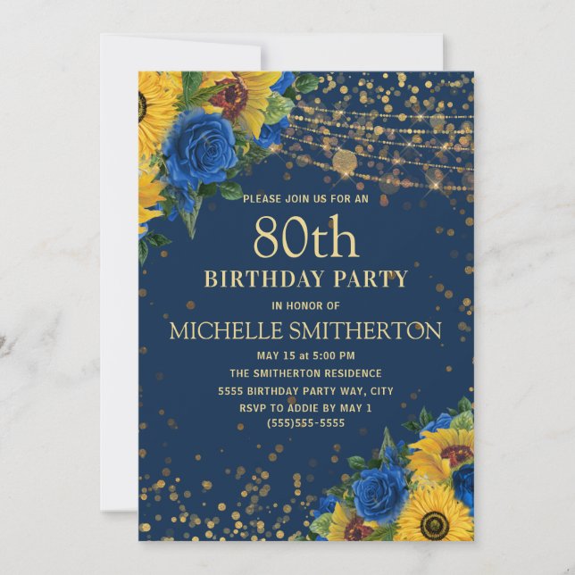 Invitación Sunflowers Navy Blue Gold String Luces 80th (Anverso)