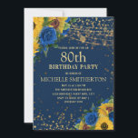 Invitación Sunflowers Navy Blue Gold String Luces 80th<br><div class="desc">Elegantes y elegantes girasoles amarillos y rosas azules con purpurina dorado y brillantes luces de cuerdas en la invitación a las mujeres a la fiesta de cumpleaños número 80 azul marino.</div>