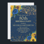 Invitación Sunflowers Navy Blue Gold String Luces 80th<br><div class="desc">Elegantes y elegantes girasoles amarillos y rosas azules con purpurina dorado y brillantes luces de cuerdas en la invitación a las mujeres a la fiesta de cumpleaños número 80 azul marino.</div>