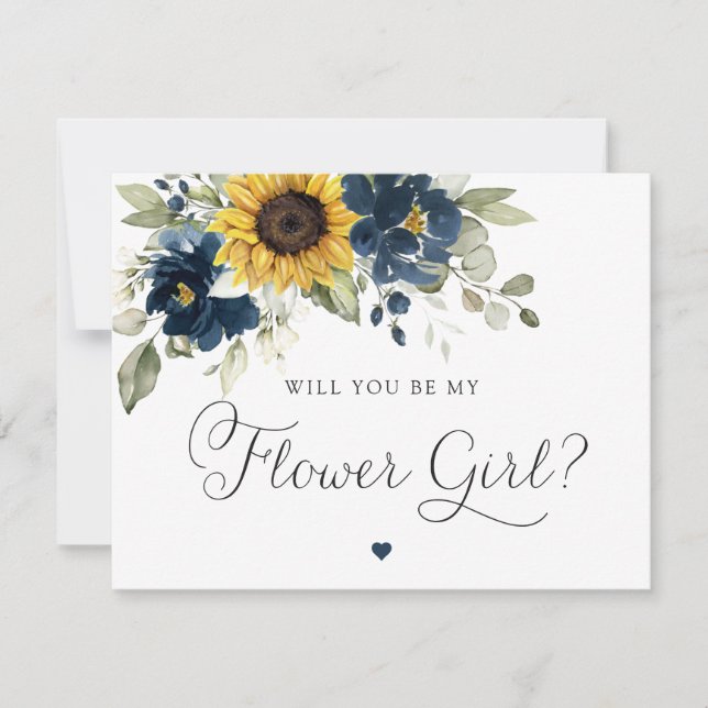 Invitación Sunflowers Navy Blue Greenery Flower Girl Boda (Anverso)