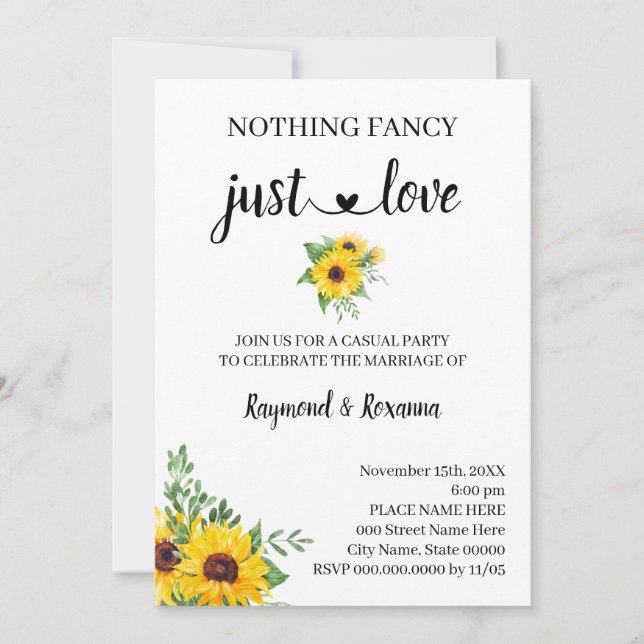 Invitación Sunflowers Nothing Fancy just Love Elopement (Anverso)