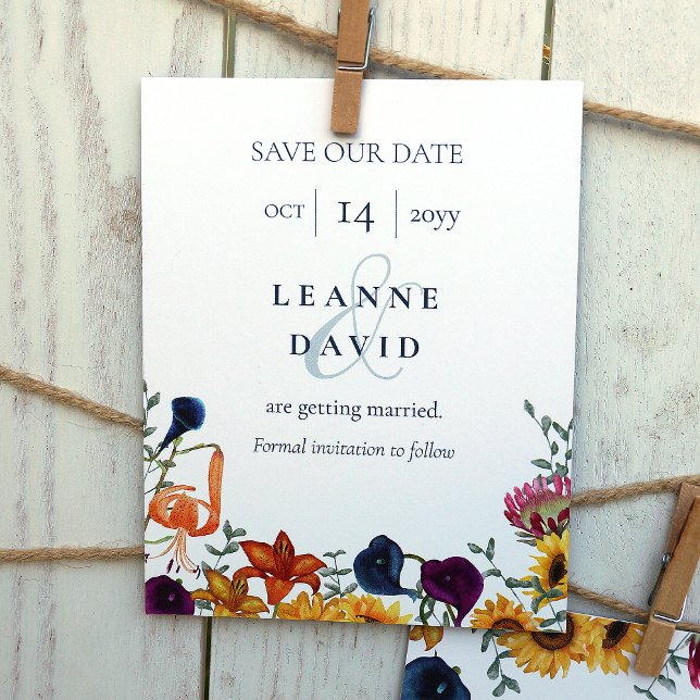 Invitación Sunflowers, Orange, Plum Purple Lilies Wedding (gold, yellow sunflowers, plum purple calla lilies, magenta pink protea flowers wedding save the date)