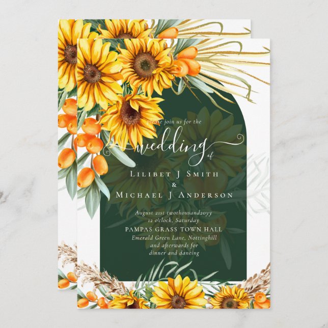 Invitación Sunflowers Pampas Grass Emerald Green BOHO Boda (Anverso / Reverso)