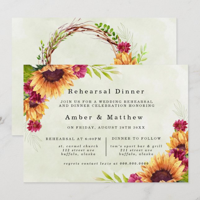 Invitación Sunflowers Primavera Ensayo Floral Rosa Cena (Anverso / Reverso)