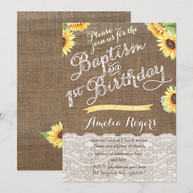 Invitación Sunflowers Primer bautismo de cumpleaños para la n (Anverso / Reverso)