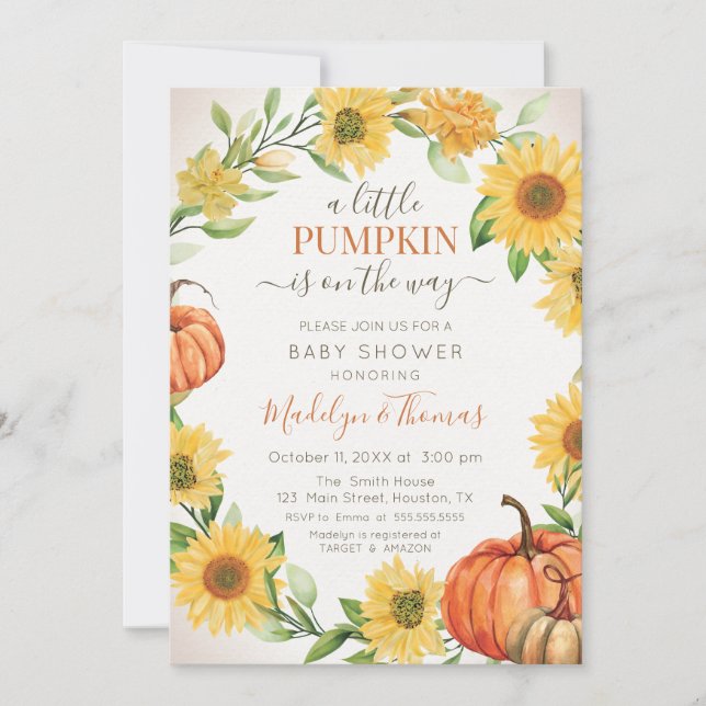 Invitación Sunflowers & Pumpkins fall Baby Shower (Anverso)