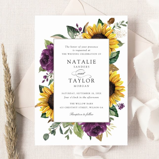 Invitación Sunflowers Purple Greenery Floral Rustic Boda (Subido por el creador)