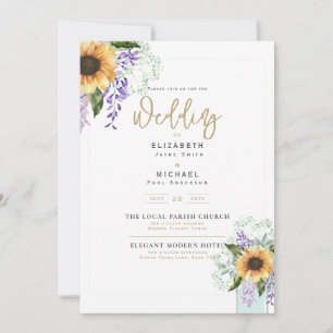 Invitación Sunflowers Purple Wisteria Modern Wedding INVITE