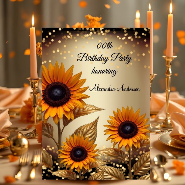 Invitación Sunflowers Purpurina Bronze Gold Black Birday (Subido por el creador)