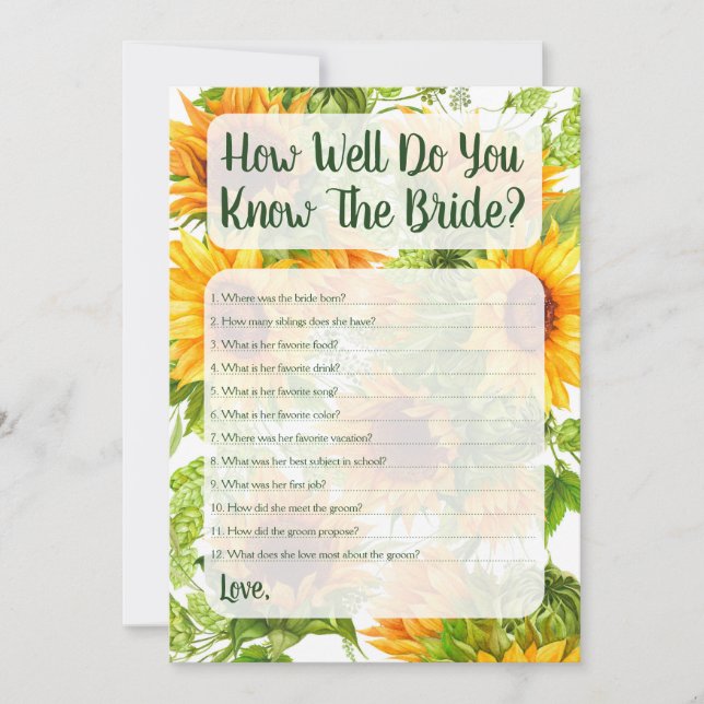 Invitación Sunflowers Qué Bien Conoce El Juego De La Novia (Anverso)