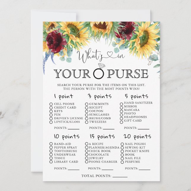 Invitación Sunflowers Qué hay en tu bolso juego de ducha de n (Anverso)