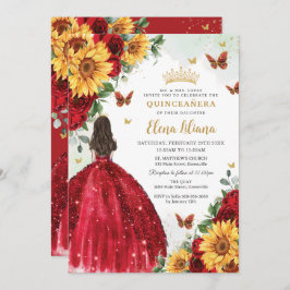 Invitación Sunflowers Red Floral Vestido Quinceañera Sweet 16