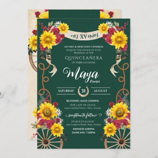 Invitación Sunflowers Red Rose Emerald Charro Quinceanera (Anverso / Reverso)
