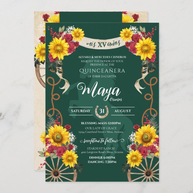 Invitación Sunflowers Red Rose Emerald Charro Quinceanera (Anverso / Reverso)
