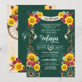 Invitación Sunflowers Red Rose Emerald Charro Quinceanera