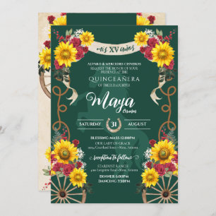 Invitación Sunflowers Red Rose Emerald Charro Quinceanera