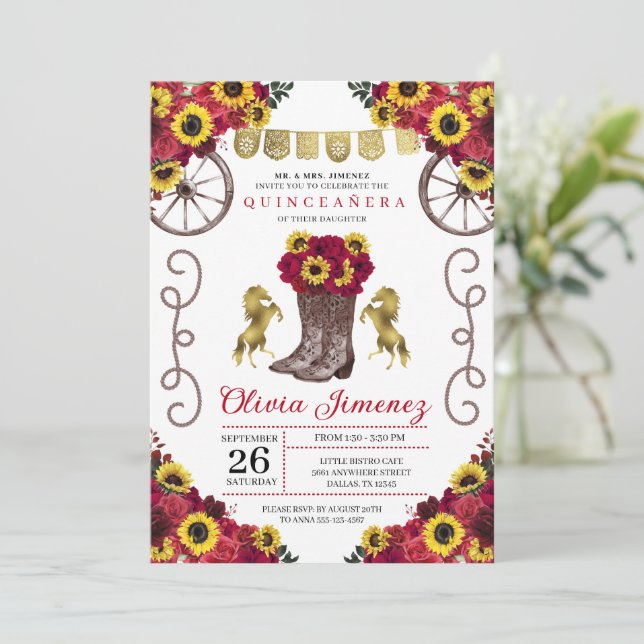 Invitación Sunflowers Red Roses Cowgirl Boots Quinceanera (Anverso de pie)