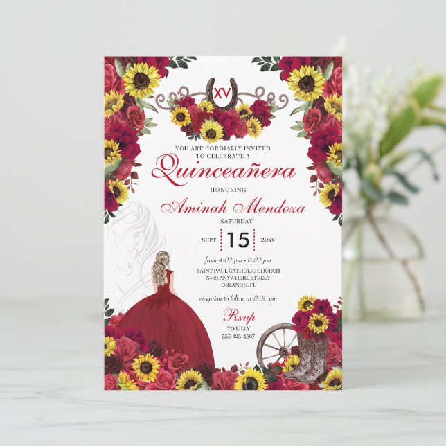 Invitación Sunflowers Red Roses Cowgirl Western Quinceanera (Anverso de pie)