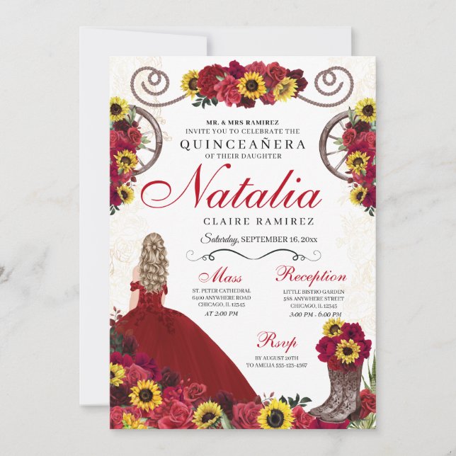 Invitación Sunflowers Red Roses Cowgirl Western Quinceanera (Anverso)