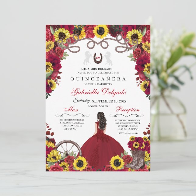Invitación Sunflowers Red Roses Cowgirl Western Quinceanera (Anverso de pie)